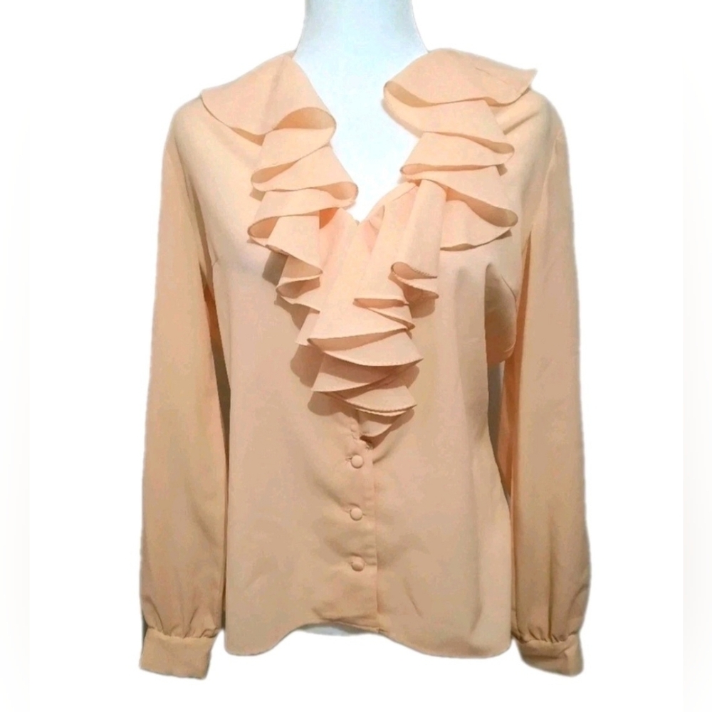 Vintage 1970s Malbe Original Volup Apricot Ruffle Trim Sheer Blouse Size L
